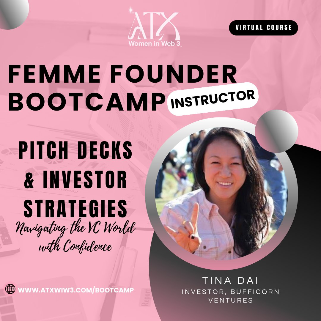 🔹 Instructor Spotlight: <a href="/howdai27/">Tina Dai ✨</a>
Investor <a href="/BufficornV/">Bufficorn Ventures</a>  | ex-Variant, Silverton, First Round
She’s leading our Bootcamp session “Pitch Decks &amp; Investor Strategies: Navigating the VC World with Confidence”
📝 Register: atxwiw3.com/bootcamp
✨ Orientation starts 9/23!