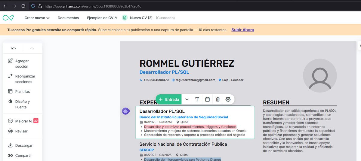 Por si les sirve, encontré esta web para mejorar los CV.
app.enhancv.com