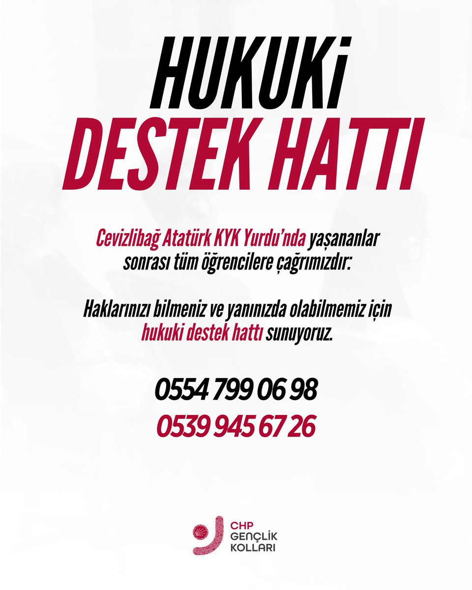 Cevizlibağ Atatürk KYK Kız Yurdu’nda kalan tüm öğrencilere çağrımızdır:

Haklarınızı bilmeniz ve gerektiğinde yanınızda olabilmemiz için hukuki destek sunuyoruz.

İletişim numaraları ve form üzerinden bizimle iletişime geçebilirsiniz.

forms.gle/tznGvV4YzkNi5D…