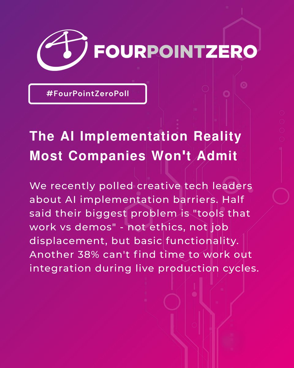 FourPointZeroR's tweet image. 𝗧𝗵𝗲 𝗔𝗜 𝗜𝗺𝗽𝗹𝗲𝗺𝗲𝗻𝘁𝗮𝘁𝗶𝗼𝗻 𝗥𝗲𝗮𝗹𝗶𝘁𝘆 𝗠𝗼𝘀𝘁 𝗖𝗼𝗺𝗽𝗮𝗻𝗶𝗲𝘀 𝗪𝗼𝗻&apos;𝘁 𝗔𝗱𝗺𝗶𝘁
 
We recently polled creative tech leaders about AI implementation barriers. 

Swipe to see our findings.
 
#CreativeTech #AIImplementation #CreativeWorkflows #aiadoption