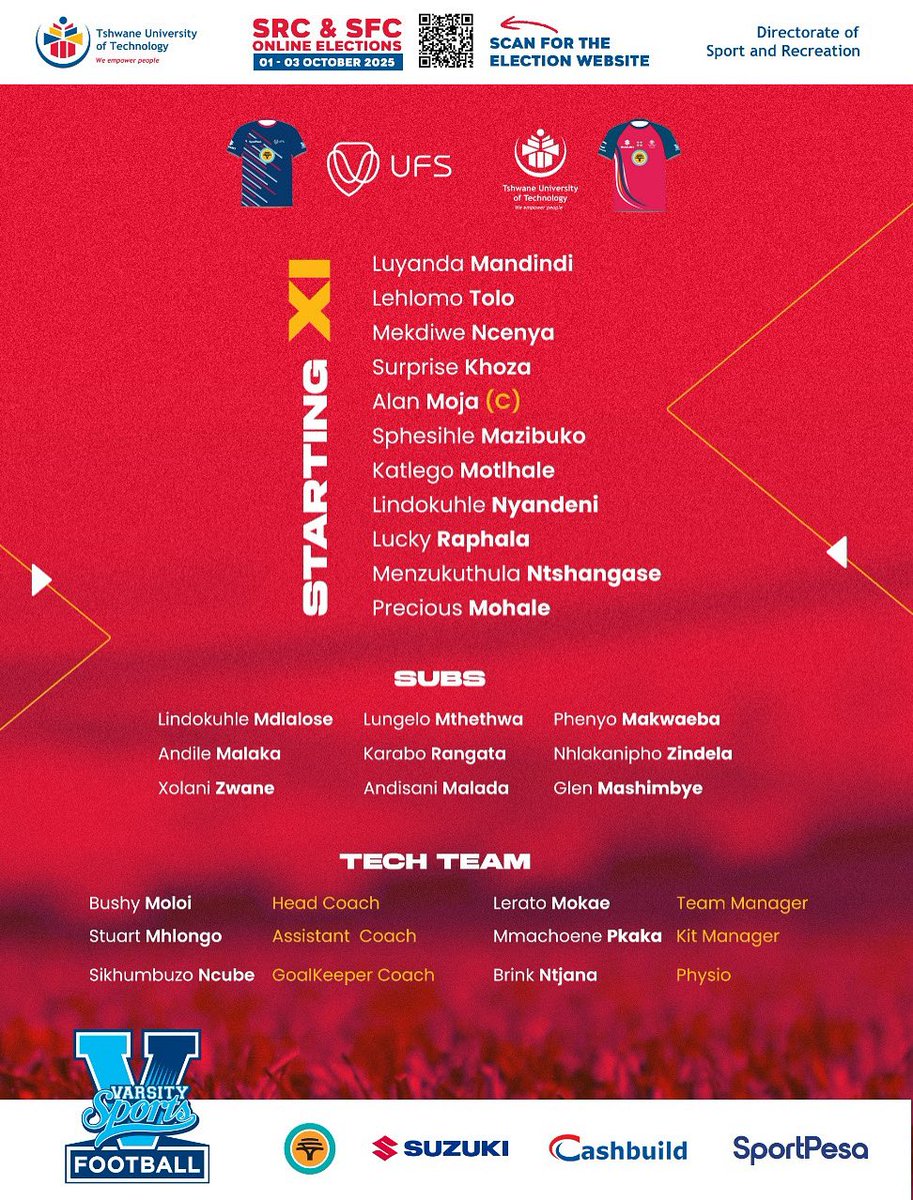 Sport_TUT's tweet photo. This is how we line up against UFS! #RedArmy Starting XI. Catch the game live on SuperSport 📺 now at 17:00
#Iyachesa #TUTFootball https://t.co/Cd1mbEgaM5