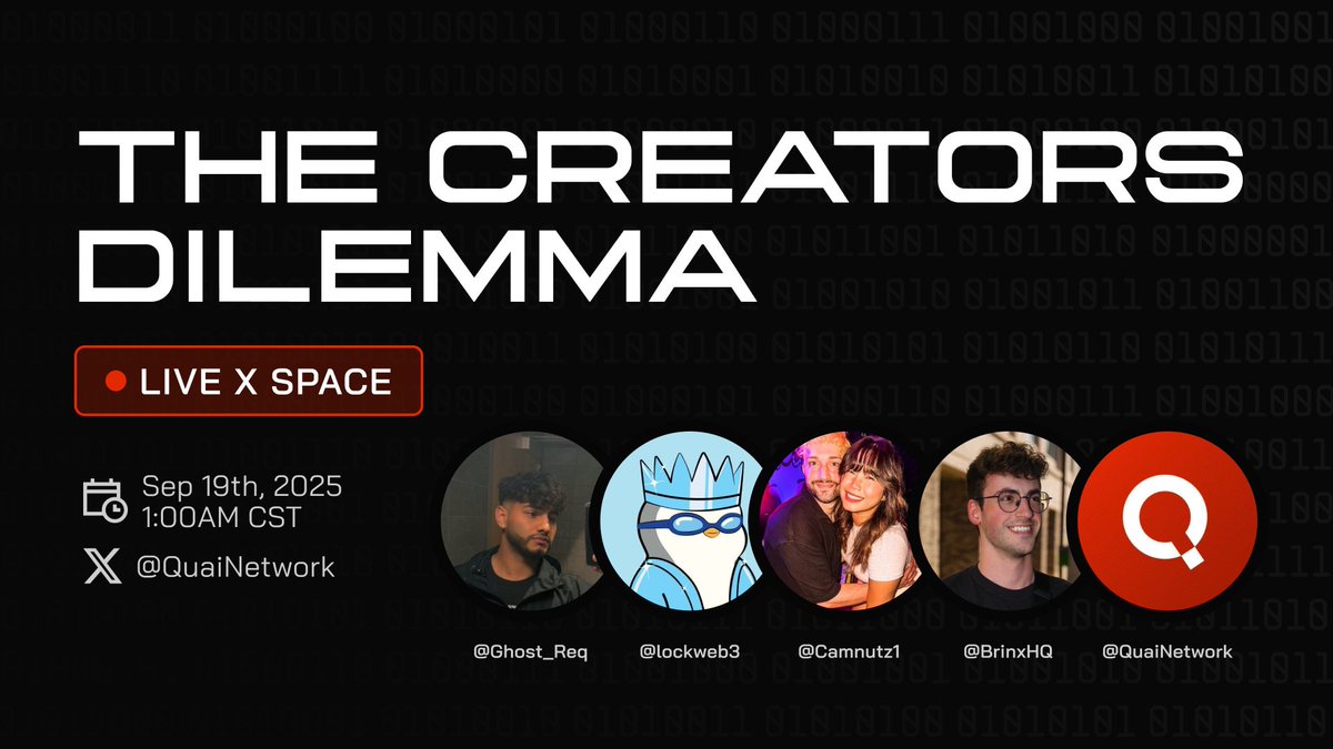Quai Network ⚡️💵 (@quainetwork) on Twitter photo Do creators win by adding value or chasing engagement? 
This week’s Quai Friday takes on The Creators Dilemma with <a href="/Ghost_Req/">Ghost Req</a>, <a href="/lockweb3/">lock</a>, <a href="/Camnutz1/">Ghost Camnutz</a> & <a href="/BrinxHQ/">GHOST Brinx</a>.
Live on Sept 19th at 11 AM CST. Do creators win by adding value or chasing engagement? 
This week’s Quai Friday takes on The Creators Dilemma with <a href="/Ghost_Req/">Ghost Req</a>, <a href="/lockweb3/">lock</a>, <a href="/Camnutz1/">Ghost Camnutz</a> & <a href="/BrinxHQ/">GHOST Brinx</a>.
Live on Sept 19th at 11 AM CST.