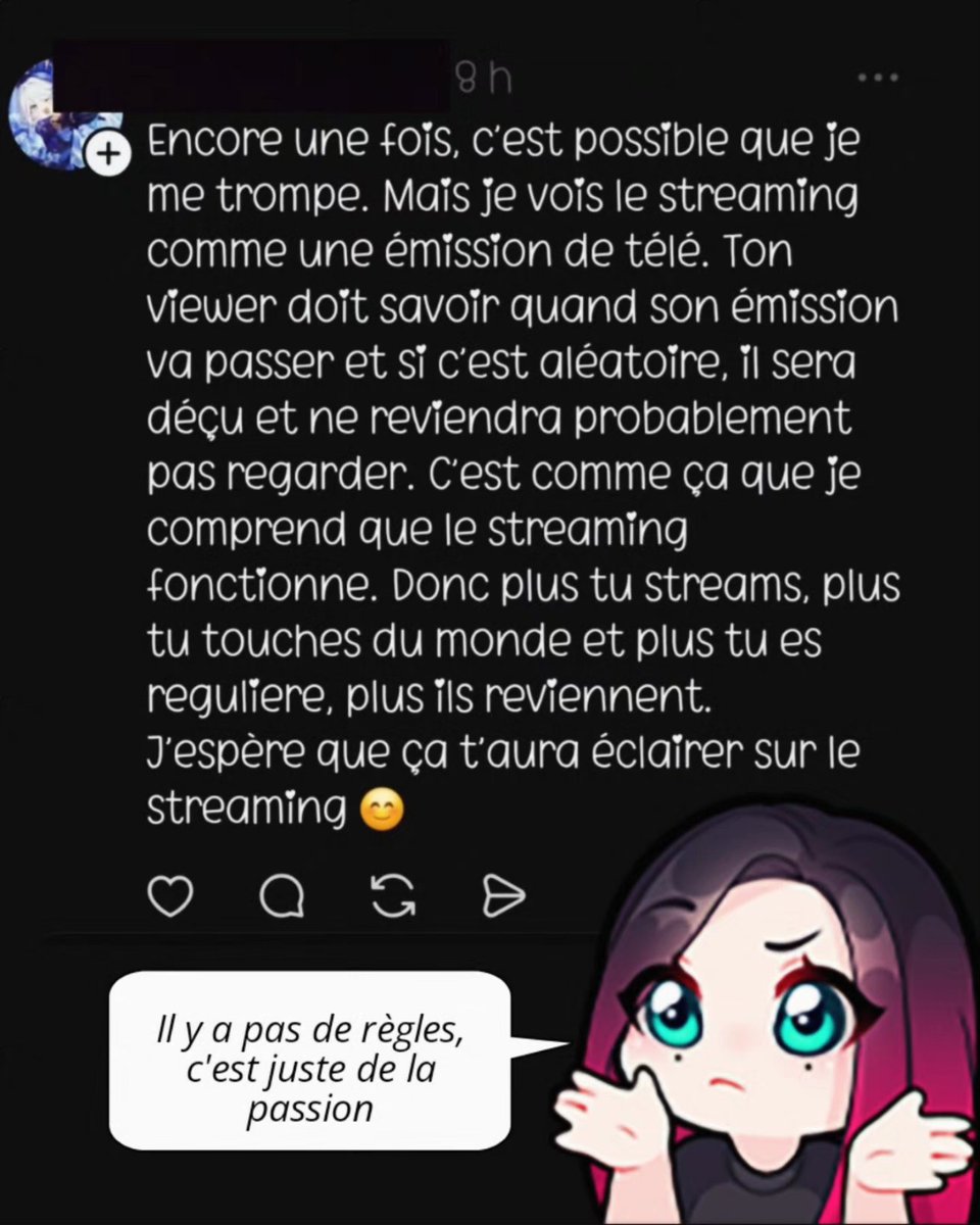 NiniCherryPop's tweet image. Les streamers ne sont pas des machines ni des esclaves du contenu.
Beaucoup de gens croient qu’il faut streamer tous les jours pour réussir vite. Mais la réalité, c’est que derrière chaque stream il y a une vraie vie (⁠^⁠～⁠^⁠;⁠)⁠ゞ

Moi par exemple, je travaille en usine,…