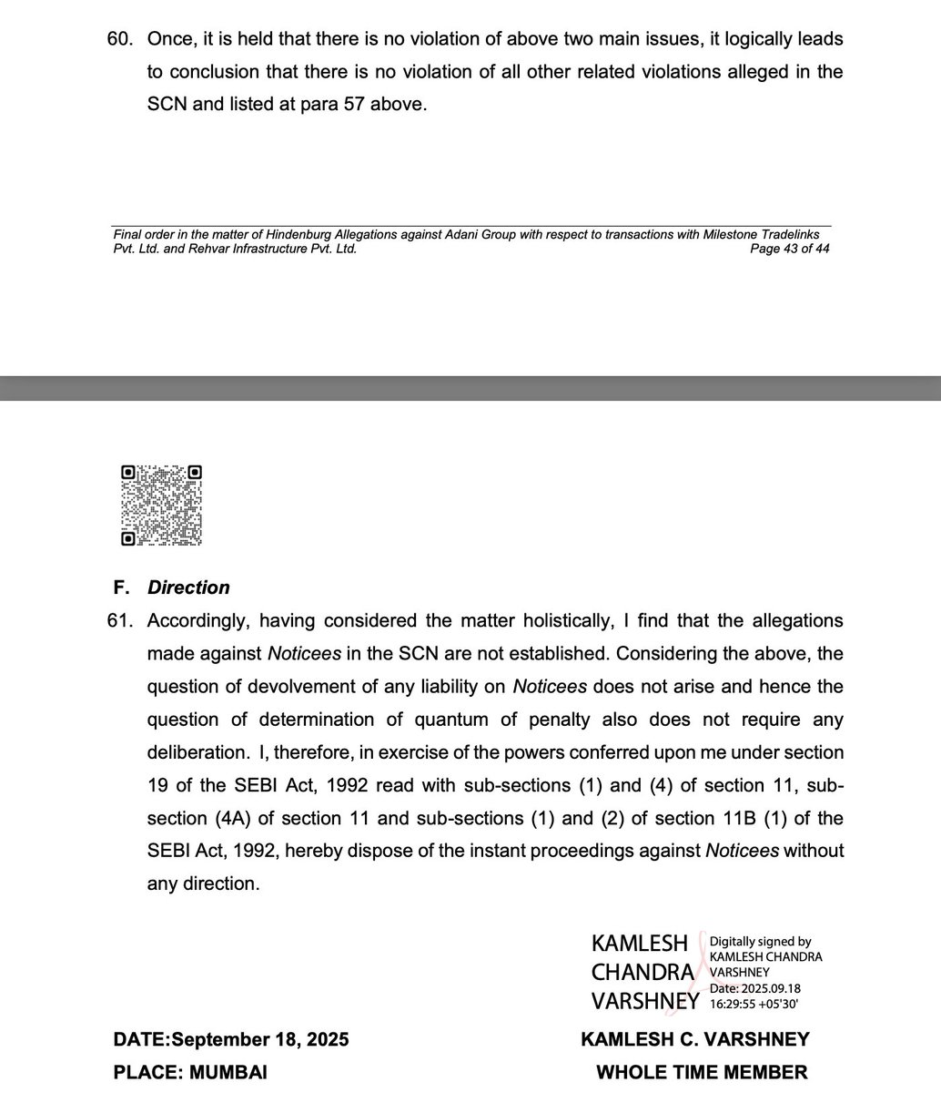LiveLawIndia's tweet image. #BREAKING SEBI gives clean chit to #GautamAdani and #Adani group of companies in respect of the allegations made by Hindenburg Research.

SEBI concludes there is no violation of LODR regulations as the impugned transactions do not qualify as &quot;related party transactions&quot;.

SEBI…
