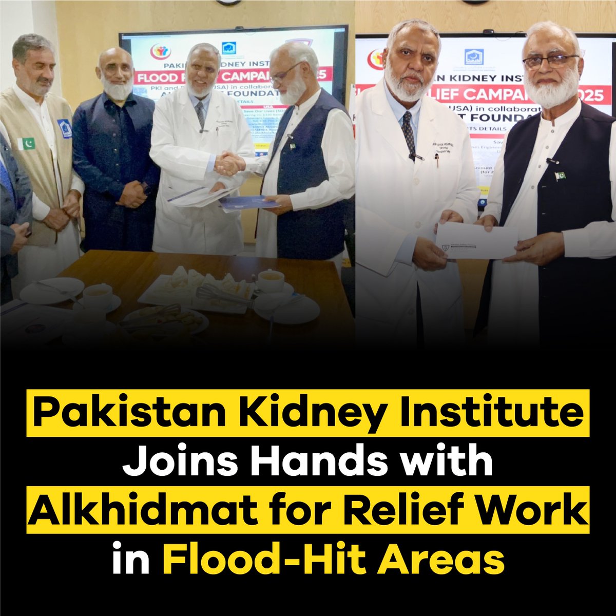 Pakistan Kidney Institute Joins Hands with Alkhidmat for Relief Work in Flood-Hit Areas
A formal Memorandum of Understanding (MoU) was signed between President Alkhidmat, Prof. Dr. Hafeez ur Rahman, and President Pakistan Kidney Institute, Prof. Saeed Akhter.

 Under this