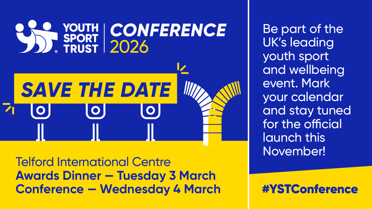 YouthSportTrust's tweet image. It's time to save the date for the Youth Sport Trust Conference and Awards Ceremony 2026! 🙌📆

Join us at our flagship event, the Youth Sport Trust Conference and Awards Dinner is 3-4 March 2026 at Telford International Centre. 🙌

Register your interest now and be among the…