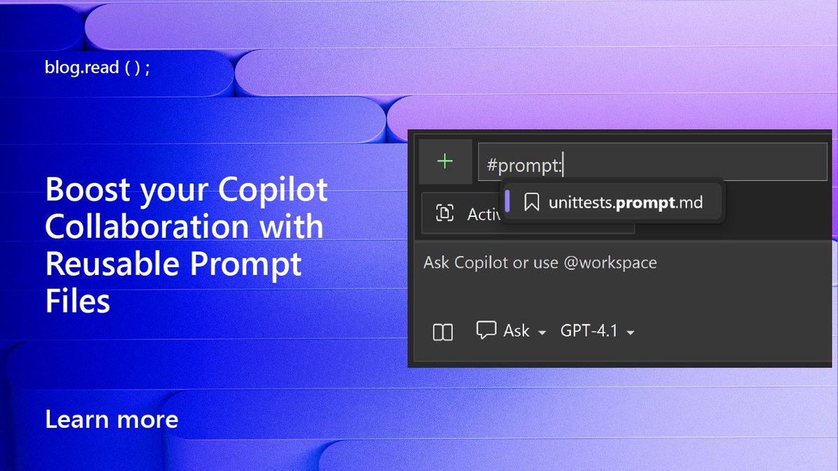 VisualStudio's tweet image. Copilot just got a memory boost 🧠💥
Visual Studio now supports reusable prompt files—making your AI pair programmer smarter across projects.
🔗 msft.it/6012scc9E
#GitHubCopilot #VisualStudio