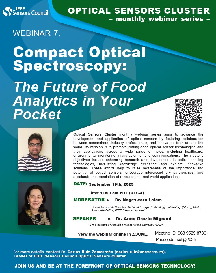SensorsCouncil's tweet image. Discover how compact optical spectroscopy is shaping the future of food analytics at our upcoming Optical Sensors Cluster Webinar!
📆 Date: Sept 19, 2025
⏰ Time: 11:00 AM EDT (UTC-4)
💡 Featuring expert insights from Anna Grazia Mignani

 Join us on Zoom: zoom.us/j/96895298736?…