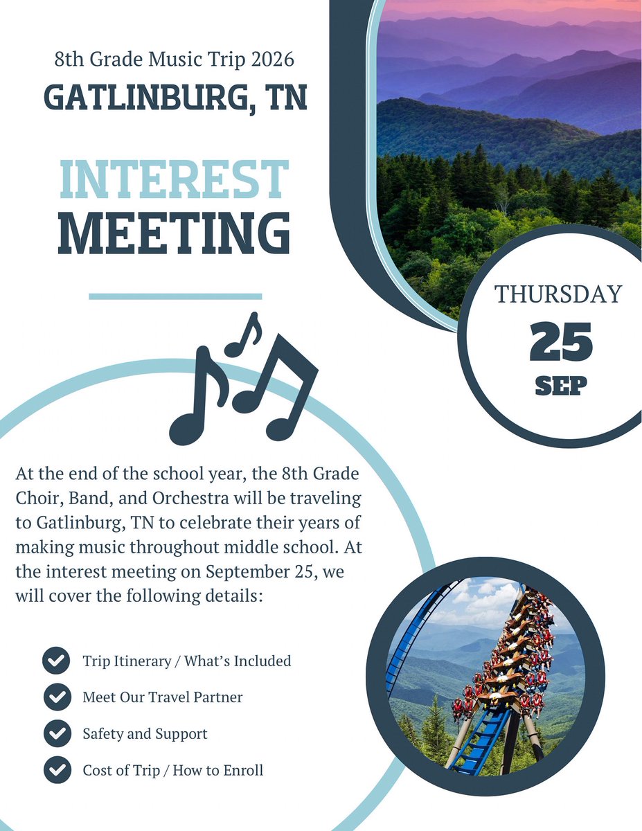 8th Grade Choir/Band/Orchestra Families and Students, we will be explaining details of our 2026 Gatlinburg Trip at our interest meeting on September 25th at 6:00 PM! We can’t wait to see you there!

#RoarJagsRoar #SingJagsSing #YourVoiceMatters
