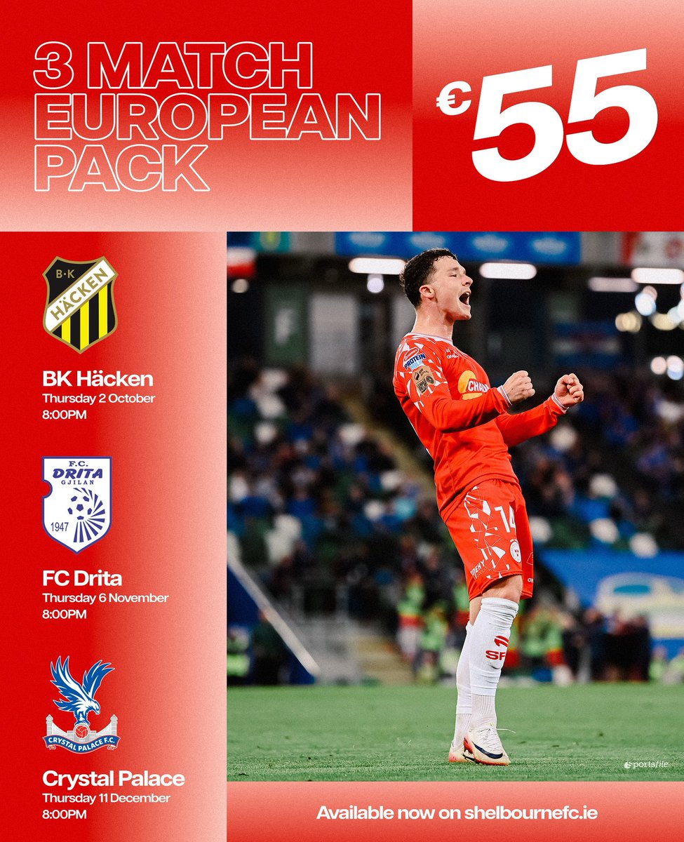 shelsfc's tweet image. 𝗗𝗼𝗻’𝘁 𝗺𝗶𝘀𝘀 𝗮 𝗺𝗶𝗻𝘂𝘁𝗲 𝗼𝗳 𝘁𝗵𝗲 𝗮𝗰𝘁𝗶𝗼𝗻 🚨

Guarantee your seat for all three home games of the Red’s 2025 Conference League campaign 🇪🇺

On sale now on the Shelbourne FC website, shelbournefc.ie/match-tickets/… 📲

#ShelsInEurope | #UECL