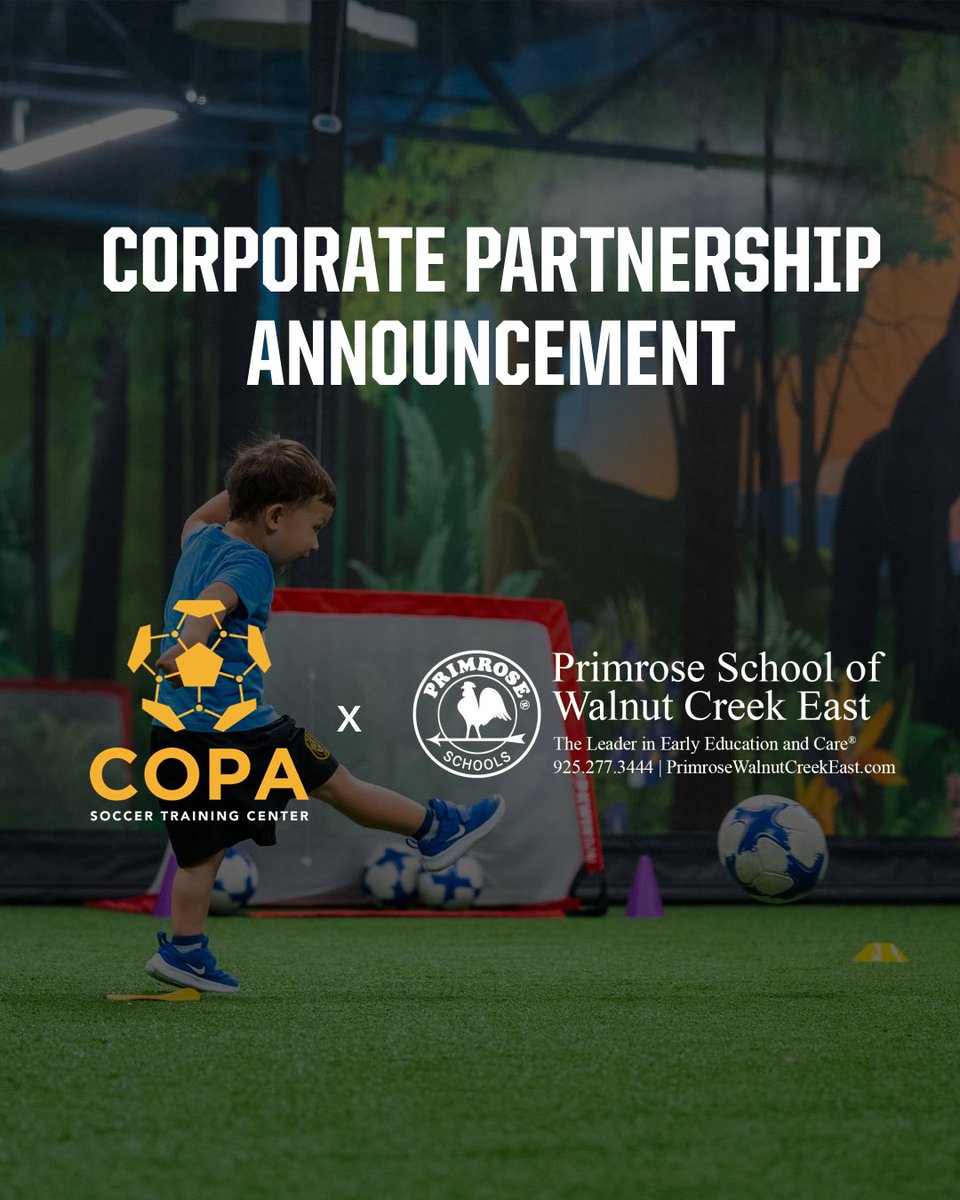 COPA Soccer Training Center (@copastc) on Twitter photo Partnership Announcement 🤝 
We’re excited to welcome Primrose School of Walnut Creek East as a new COPA partner! 
Families will see them through signage, on-site activations & Parents Night Out, plus COPA Kids coaches will bring training weekly to Primrose students. ⚽️ Partnership Announcement 🤝 
We’re excited to welcome Primrose School of Walnut Creek East as a new COPA partner! 
Families will see them through signage, on-site activations & Parents Night Out, plus COPA Kids coaches will bring training weekly to Primrose students. ⚽️