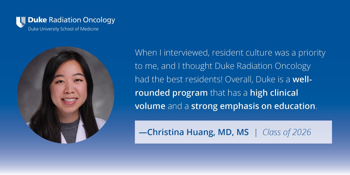 DukeRadOnc's tweet image. PGY5 Dr. Christina Huang on resident culture at Duke #RadOnc 💙 #Match2026 #MatchDay #MedTwitter @DukeCancer