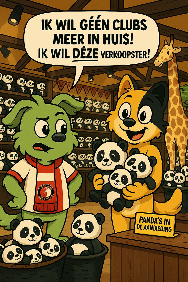 Soofslab's tweet image. 🐼 Loesie is het zat: geen AZ-kaas of Twente-biertap meer in huis! In Burgers’ Zoo denkt ze veilig te zijn bij de souvenirshop... maar Joepie ziet de panda’s al. Loesie beseft: dit wordt ook geen rust! 😅

#Ajax #Cartoon #PandaStory
Door: Soof