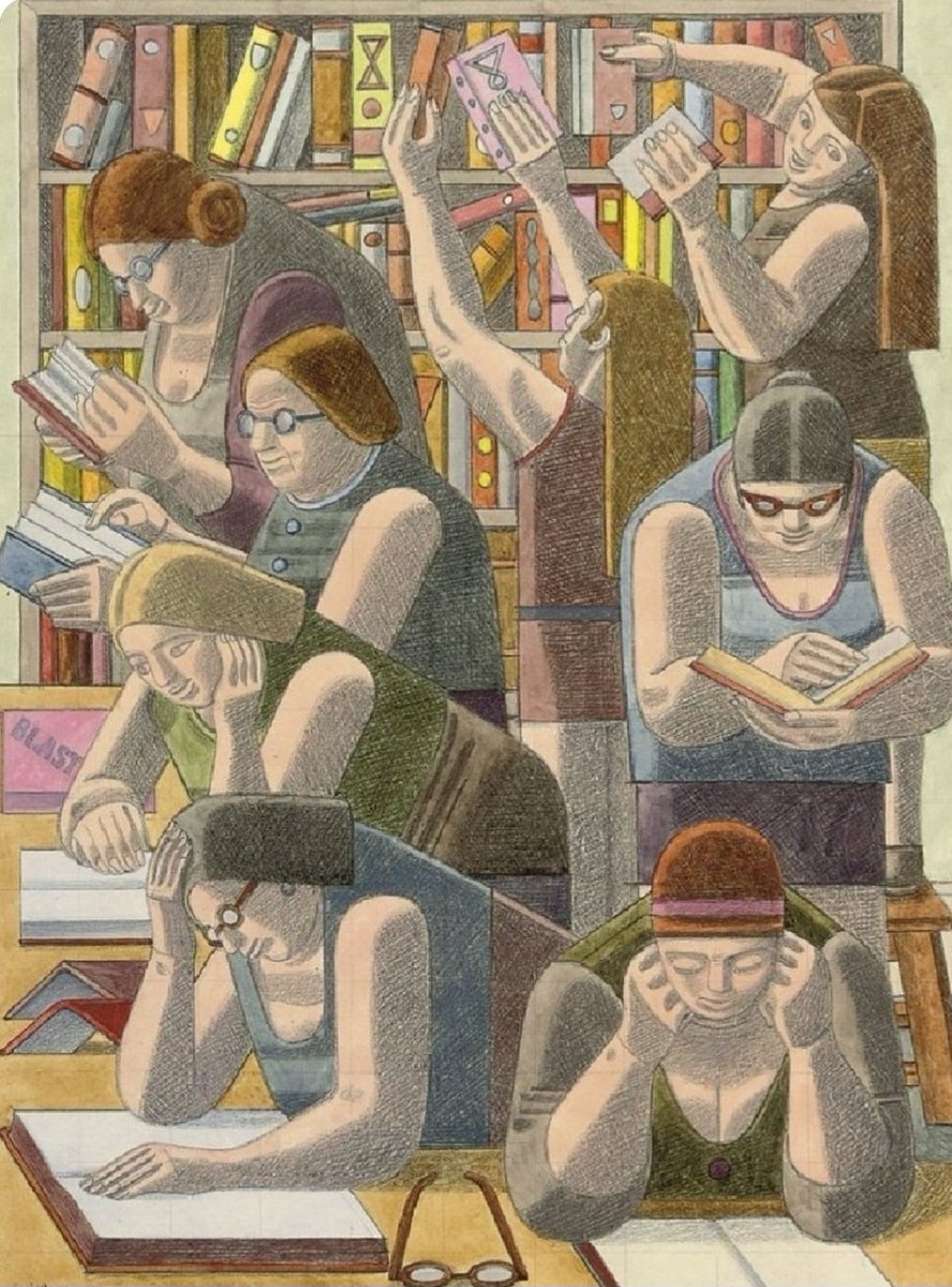 ahistoryinart's tweet photo. 'The Researchers.' (1970) An interesting addition to this work by William Roberts' is the inclusion of the pink-ish cover of 'Blast,' the short-lived magazine of the Vorticist movement which was referred to by its editor Ezra Pound as the 'great magenta cover'd opusculus.' https://t.co/Q2O2ywjvJ7