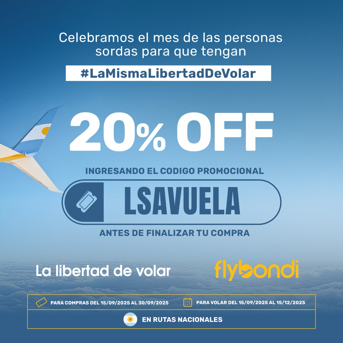 NOTISOR's tweet image. Flybondi quiere celebrar el mes de las personas sordas invitando a que toda la comunidad pueda disfrutar #LaMismaLibertadDeVolar.
Ingresando el código LSAVUELA vas a poder sacar tu ticket para volar hasta fin de año hasta con un 20% de descuento.
instagram.com/p/DOv1o7BDgQm/…