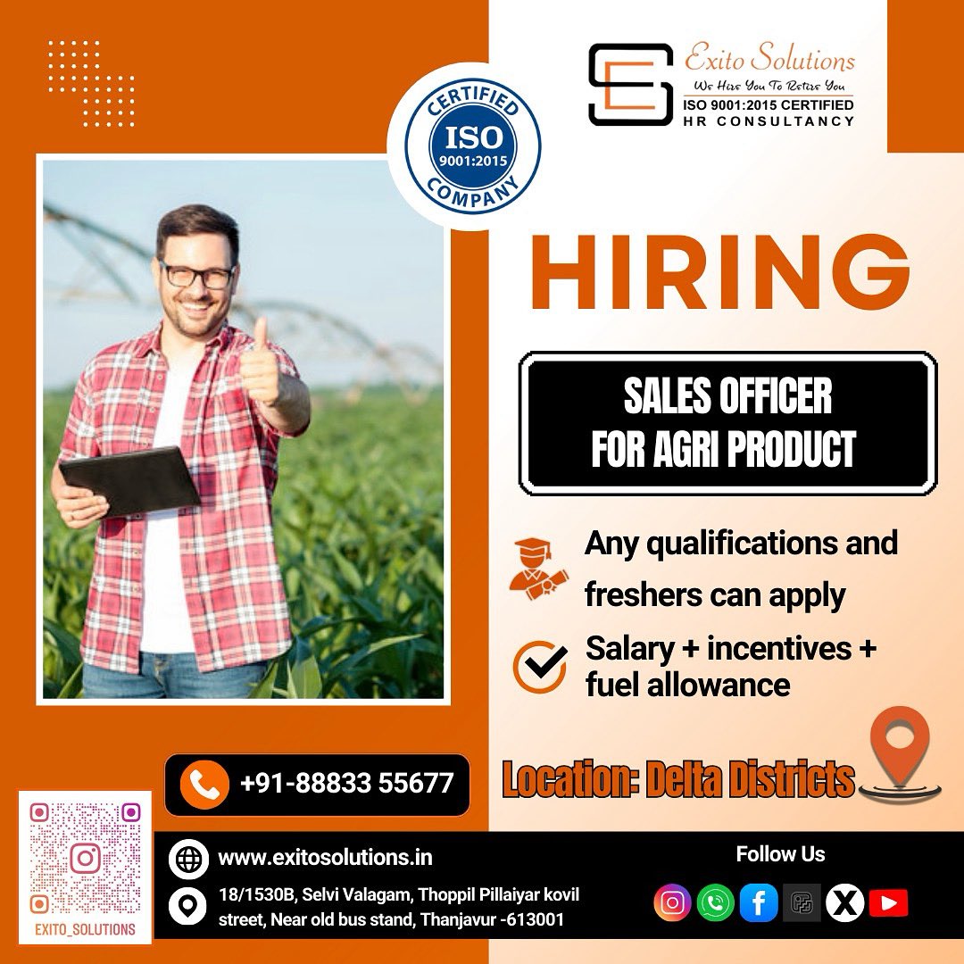 exitoashwin's tweet image. HIRING SALES OFFICER
CALL 8883355677
exitosolutions.in
#exitosolutions #thanjavur #kumbakonam #mayiladuthurai #nagai