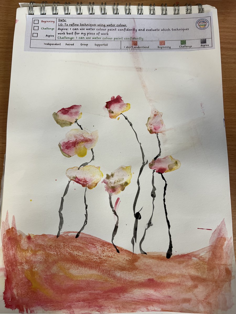 BMJClassof27's tweet photo. Y5 are working on their watercolour skills in art. Today, we tried a variety of different techniques which, when combined, created an image of some poppies in a field. What incredible artists we are! #safetofail #relishnewchallenges https://t.co/vCtpx2OpzC