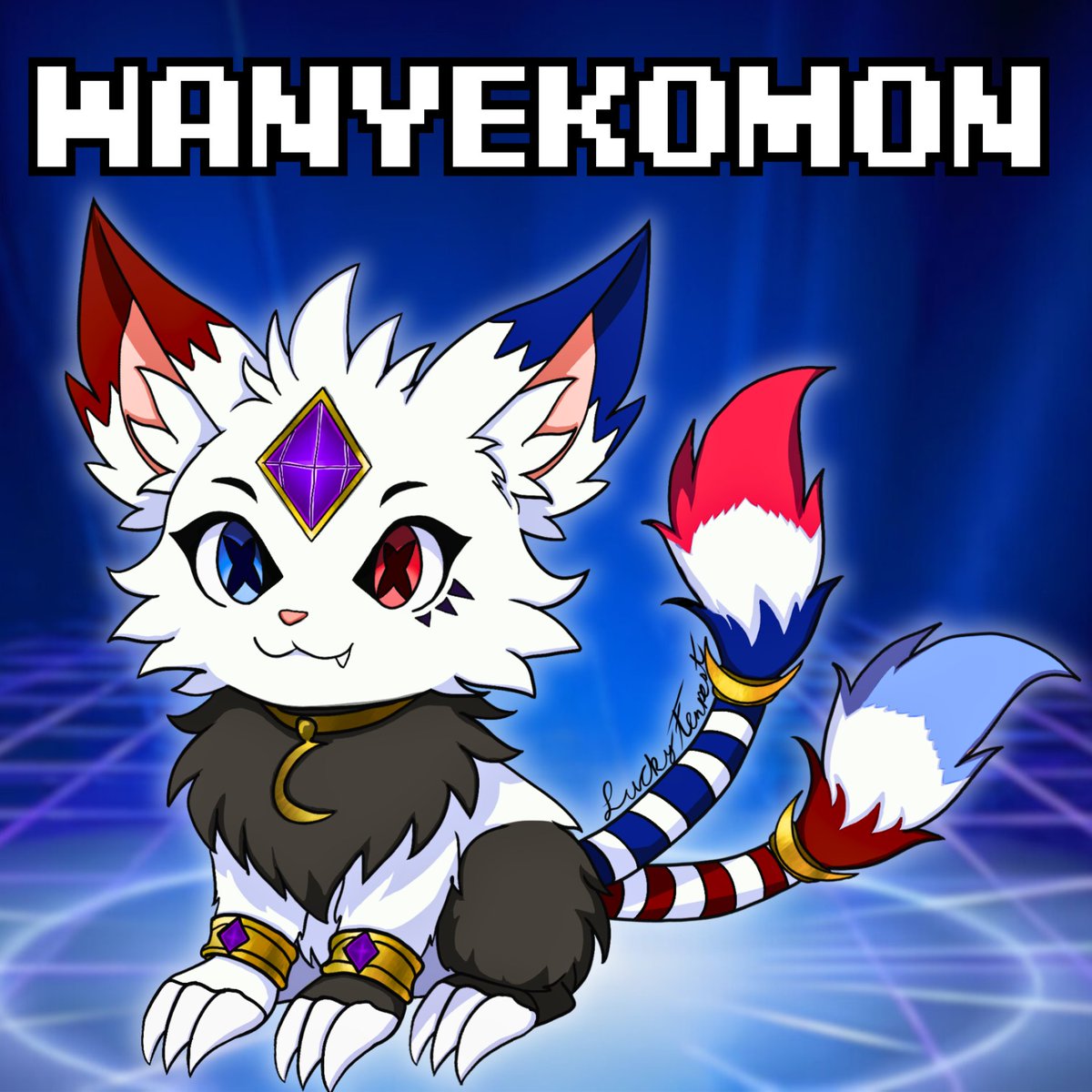 Meet Wanyekomon! A troublesome champion level Digimon born from Digital Waves &amp; Magic! When it isn't napping it can often be found chasing after moving objects and shiny things. But don't let its aloof nature fool you! It's extremely loyal and LOVES attention!
#Digimon #OC