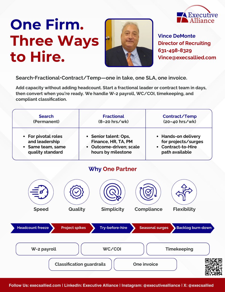 Execsallied's tweet image. Executive Alliance delivers flexible, high-impact talent solutions that go beyond filling vacancies and help your organization thrive.
Contact Vince Demonte to get started!
📞 631-498-8329
📧 vince@execsallied.com
execsallied.com
#recruiting #talentsolutions