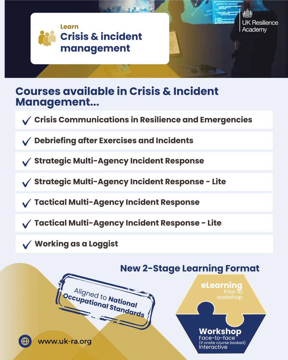 At the UKRA, we have a range of training and education to effectively equip organisations and individuals to prepare for future crisis and incidents.

For more information about Crisis and Incident Management and the courses we have available: ukresilienceacademy.org/learn/crisis-i…

#Resilience