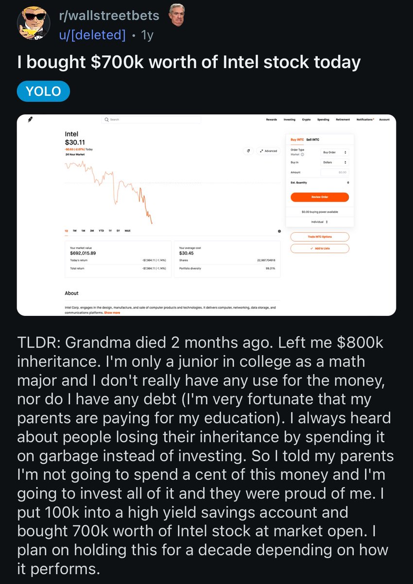 BoringBiz_'s tweet image. Has someone checked in on the guy who put $700K of his inheritance from grandma into Intel?