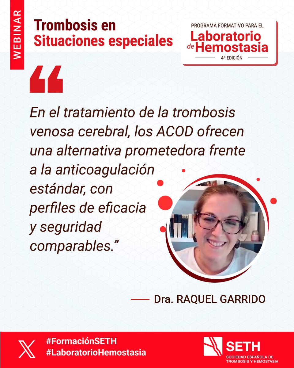 SETH__Oficial's tweet image. 🩸«En el tratamiento de la #trombosis venosa cerebral, los #ACOD ofrecen una alternativa prometedora a la #anticoagulación estándar, con perfiles de eficacia y seguridad comparables» — Dra. Raquel Garrido Ruiz, Hospital Universitario Puerta del Mar (Cádiz).…
