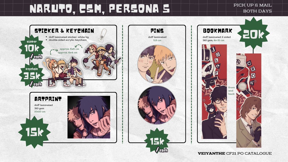 veiyanthe's tweet image. [ 💛&amp;amp;🔄 are appreciated, thank you!! ]

Veiyanthe’s CFXX Pre-Order✨

🗓️ 18 September - 5 Oktober 2025
📦 Pick up OTS (Both Days) &amp;amp; Mail Order
🌟 DC (BATFAM), CHAINSAW MAN, NARUTO, PERSONA 5, ONE PIECE
🔗 forms.gle/kePQA8J8jeW56W…

#cf21 #cf21catalogue #comifuro21 #cfxxi