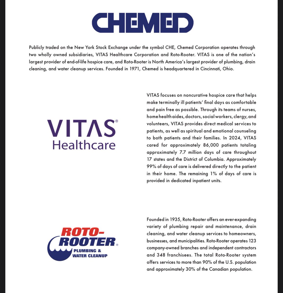 Conglomerates crack me up: random businesses with zero synergies under one roof. 

Was looking at Chemed ($CHE). They have 2 businesses

1) VITAS: largest hospice provider in the US, and 
2) Roto-Rooter, the largest plumbing, drain cleaning, and water cleanup service in the US