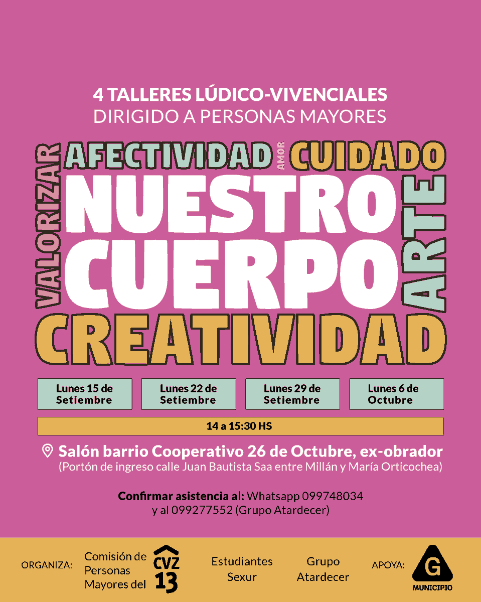Taller Nuestro Cuerpo 🫂

La participación es completamente gratuita, pero requiere de confirmación previa vía WhatsApp a cualquiera de los siguientes teléfonos:

📞 099 748 034
📞 099 277 552 (Grupo Atardecer)

#MunicipioG #EsContigo