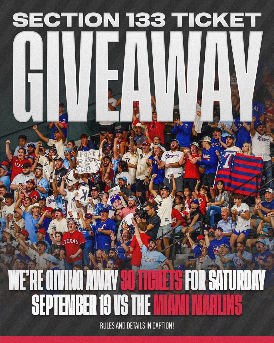 Rangers Nation ⚾️ (@rangers__nation) on Twitter photo 🚨 30 FREE TICKETS – SECTION 133 TAKEOVER! 🚨
Rangers Nation, clear your Friday night! We’re packing out Section 133 as the Rangers face the Marlins, and we’re sending 30 (yes, THIRTY) of YOU to the game for FREE! 🤑
HOW TO ENTER:
- Follow <a href="/rangers__nation/">Rangers Nation ⚾️</a>
- Retweet this post 🚨 30 FREE TICKETS – SECTION 133 TAKEOVER! 🚨
Rangers Nation, clear your Friday night! We’re packing out Section 133 as the Rangers face the Marlins, and we’re sending 30 (yes, THIRTY) of YOU to the game for FREE! 🤑
HOW TO ENTER:
- Follow <a href="/rangers__nation/">Rangers Nation ⚾️</a>
- Retweet this post