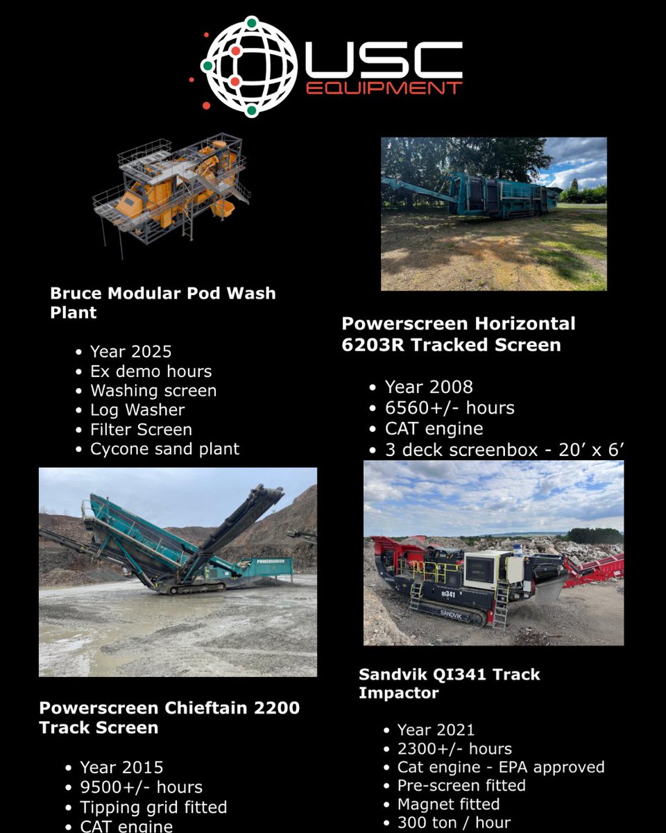 usc_equip's tweet image. At USC Equipment, we offer a range of new and used equipment.
✅ Bruce Modular Pod Wash Plant
✅ Powerscreen Horizontal 6203R  and Chieftain 2200 Tracked Screen
✅ Sandvik QI341 Track Impactor
📞 +44 (0) 7710 377 141 📞
🌐 uscequipment.com 🌐
#powerscreen #screening