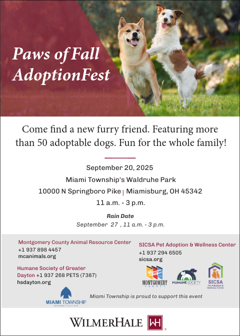 A reminder to stop by Waldruhe Park Saturday, Sept. 20, to enjoy the day... and maybe adopt a pet at the WilmerHale Paws of Fall event between 11 a.m. and 3 p.m. #miamitwppride