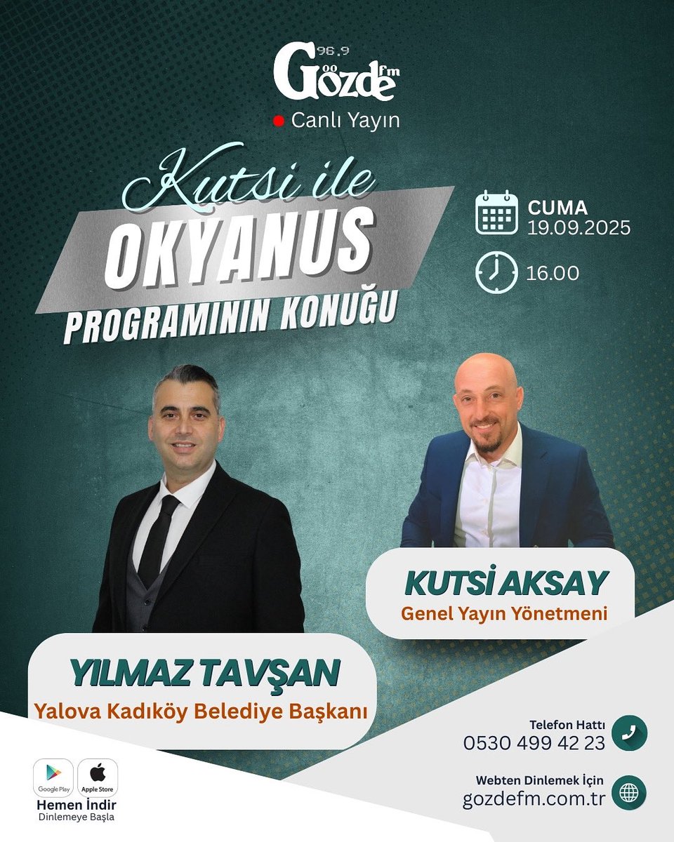 Yarın Cuma Günü Yalova Gözde FM de Kutsi İle Okyanus Program konuğu Yılmaz Tavşan olacak. 96.9 Frekansından gozdefm.com.tr den Akıllı Telefonlarınızın Aplikasyonlarımızdan dinleye bilirsin. Her zaman daha fazlası için Kutsi İle Okyanus Programı.