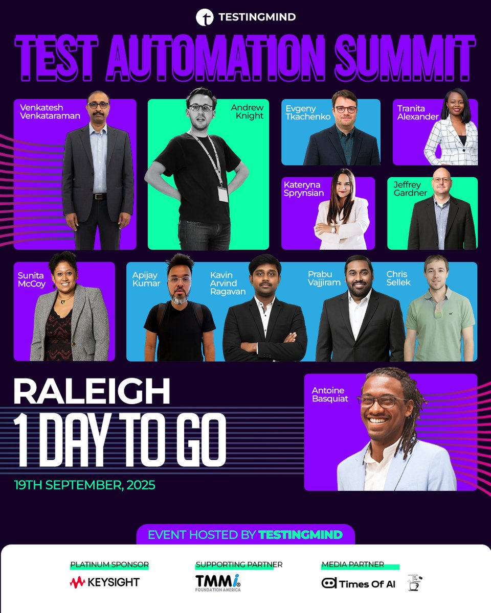 testingmindcon's tweet image. ⚡ 1 Day until the #TestAutomationSummit Raleigh!
Join 10+ talks, inspiring keynotes & a high-impact panel discussion with leaders from Oracle, Cycle Labs, Amazon, Fidelity, SAS & more.
📍 Raleigh | Sept 19
🎟️ Last chance: linkedin.com/smart-links/AQ…
#Testingmind