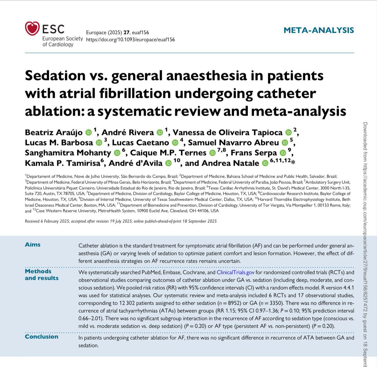 BeatrizAraujoMS's tweet image. Happy to share that our meta-analysis on sedation vs. general anesthesia in AF ablation is now available!

 🎯No difference in AF recurrence and complications

doi.org/10.1093/europa…

Beyond grateful @natale_md @Davilandre @KTamirisaMD @metaacademy_ofc 

#EPeeps #CardioTwitter
