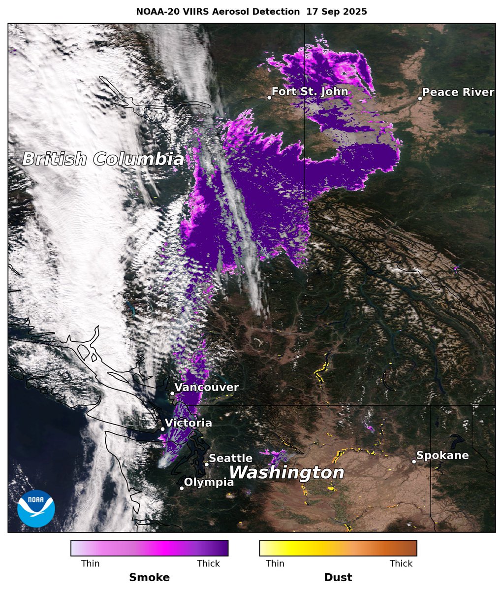 AerosolWatch's tweet image. Wildfires in northwestern Washington State and southern British Columbia emitted thick smoke (purple shading) that reached into western Alberta yesterday 17 Sep, detected by the @JPSSProgram VIIRS sensor on @NOAASatellites NOAA-20. @Karma_lobsang12