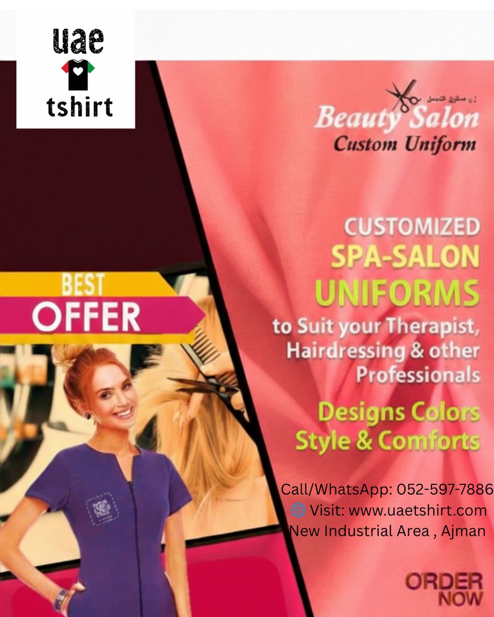 uaetshirt1's tweet image. Elevate your salon style with our custom-designed spa & salon uniforms 👗💇♀️
Call/WhatsApp: 052-597-7886
🌐 Visit: uaetshirt.com
New Industrial Area , Ajman
#SpaUniform #SalonStyle #CustomUniform #UAETshirt #ProfessionalLook #salonlife