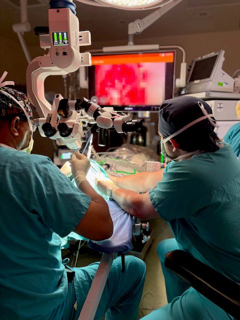 UNC_ENT's tweet image. Dr. Buckmire provides hands-on instruction in modified Wendler glottoplasty as part of resident training🥼 #UNCENT #ENT #MedicalEducation #SurgicalTraining #ResidentEducation