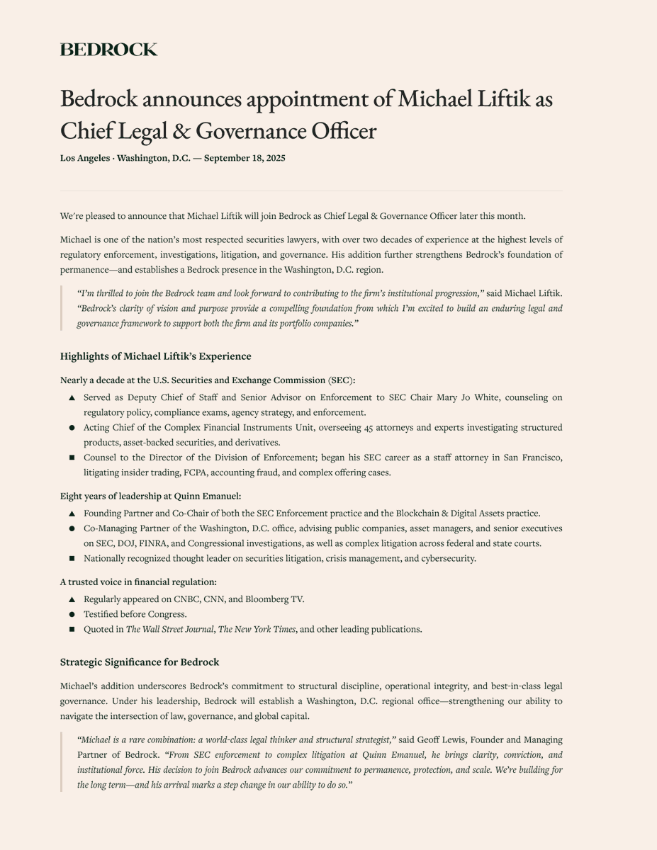GeoffLewisOrg's tweet image. Michael Liftik is one of America&apos;s most respected securities lawyers, with two decades of SEC + Quinn Emanuel leadership. 

He&apos;s joining @Bedrock as Chief Legal &amp;amp; Governance Officer. His decision makes clear that Bedrock is disciplined, protected, and built for permanence.