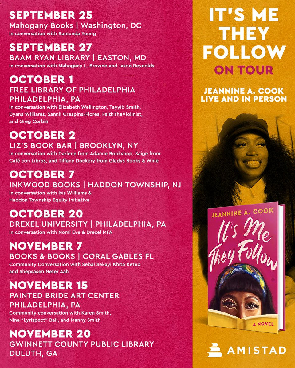 Here are some upcoming launch event dates for Drexel MFA '22 alum Jeannine Cook. She's the author of IT'S ME THEY FOLLOW, an allegorical love story set in a not so distant past. Join her at a location near you!