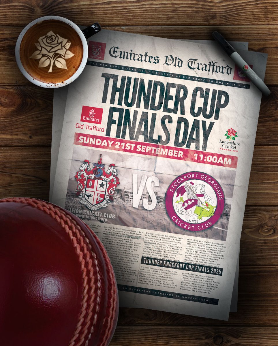 🏏 Thunder Cup Final 2025 ⚡

📍 <a href="/EmiratesOT/">Emirates Old Trafford</a> 
🗓 Sunday 21 September
⏰ 10:30 AM

<a href="/Leigh_CC/">Leigh Cricket Club</a> Women’s 1st XI 🆚 <a href="/sgeorgianscc/">Stockport Georgians</a>  Women’s 1st XI

A huge day for North West women’s cricket  who will lift the 🏆?