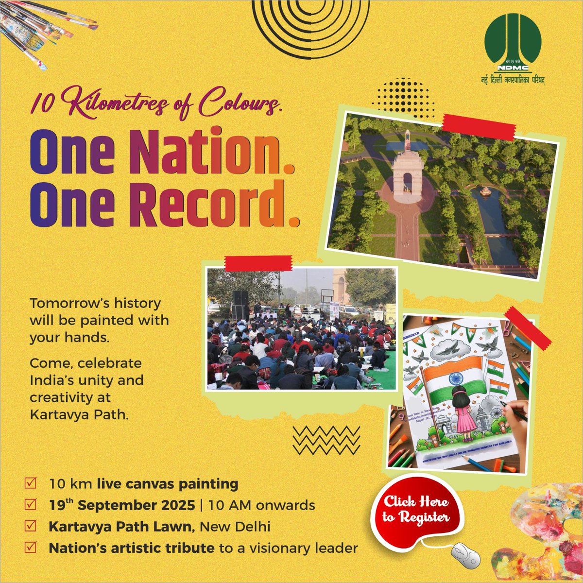 tweetndmc's tweet image. 10 Kilometres of Colours. One Nation. One Record. 🎨🇮🇳

On 19th September, Kartavya Path turns into the world’s longest canvas — where every brushstroke celebrates India’s unity, creativity, and tribute to a visionary leader.

#UnityInDiversity #PMModi75 #ArtForNation