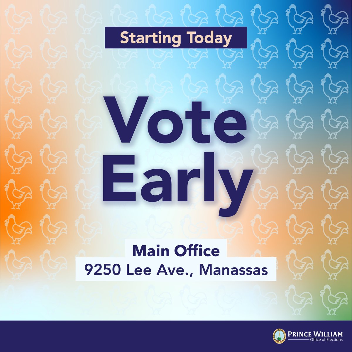 PWCVotes's tweet image. Early voting for the November 4th Election begins today! Voting will be available at Main Office ONLY (9250 Lee Ave, Manassas) 8:30 AM – 4:30 PM on Friday, 9/19. Satellite locations open Sunday, 10/19. Details at pwcvotes.org #PWCVotes #PWCVotesEarly
