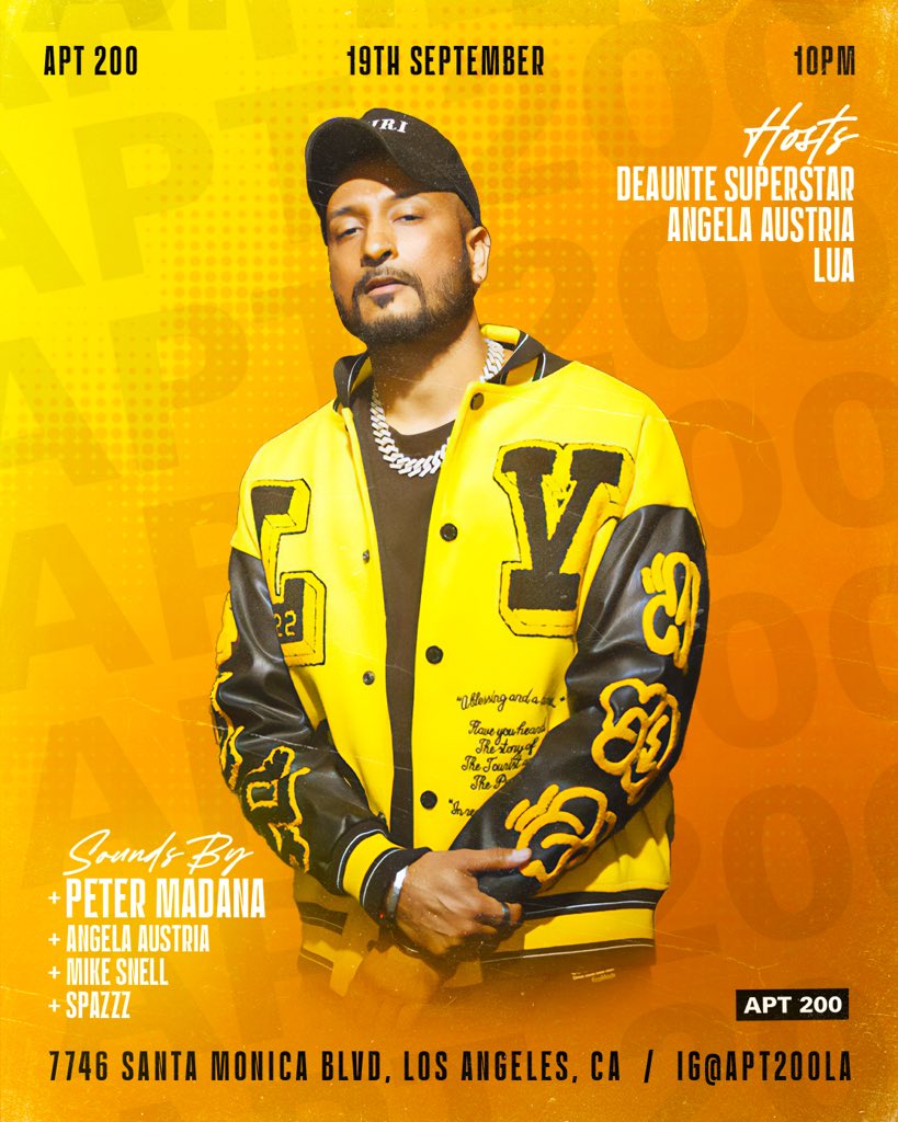 🎧 APT 200 🎧 

LA | Friday, 09.19
Music By: @petermadana <a href="/angela/">angela</a>.austria @mikesn3l <a href="/thevision/">The Vision</a>.by 

Hosted By: @deauntes <a href="/angela/">angela</a>.austria <a href="/skip2mylua/">Brandon luau</a> 
Shout out @apt200la @nikalfieldz for having me