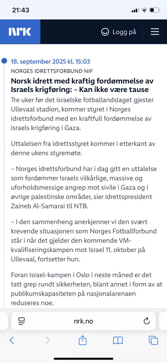 Idrettsforbundet fordømmer Israel sine vilkårlege og massive angrep mot sivile i Gaza. Dei bør ha ganske god kontroll på fakta på bakken når dei hevdar at Israel driv med slikt. Stiller <a href="/nff_info/">NorgesFotballforbund</a> seg bak?