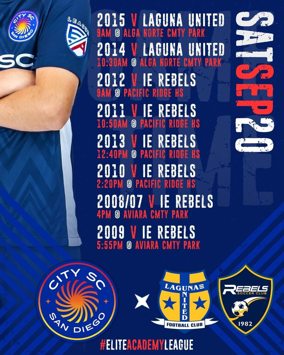 City SC @EliteAcademyLeague boys host Laguna United and Rebels SC Inland Empire this Saturday. Good luck, gentlemen.

Schedule &amp; Standings: eliteacademyleague.com/schedule-stand…

#OurCity #PlayerDevelopment #BoysAcademy #EliteAcademyLeague #SomosCity #WeAreCitySC