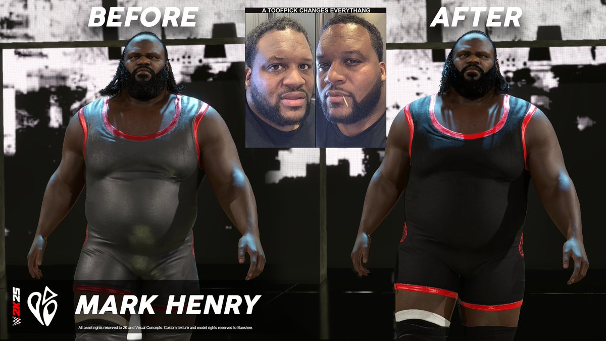 itsbybanshee's tweet image. Fixed Mark Henry's DLC in #WWE2K25 mod for PC.

- Fixed clothing textures
- More accurate body build
- No more Winnie The Pooh gut 🍯

Available for FREE on my Patreon! Link in bio. 🔗

#MarkHenry #DLC #Mods