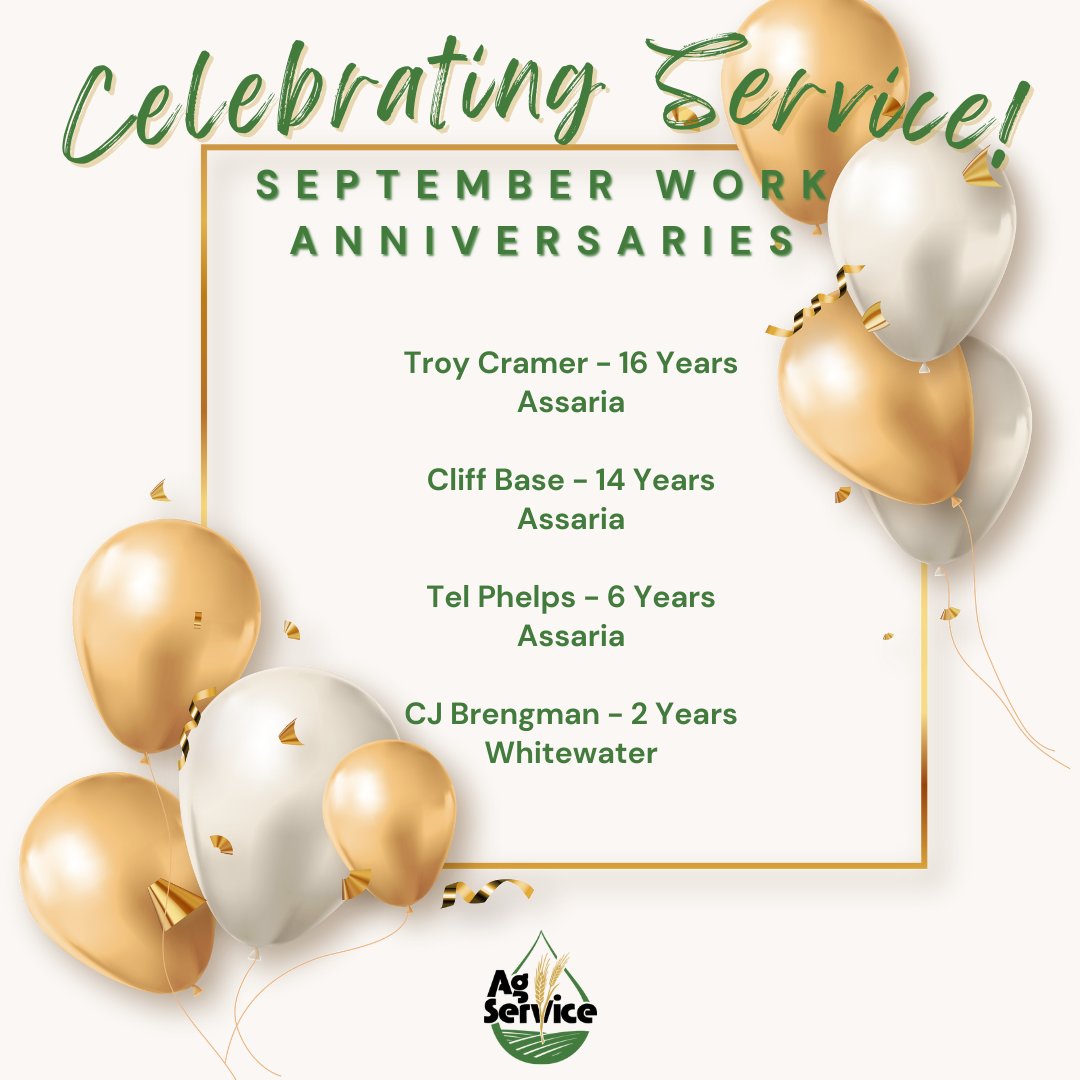 AgServiceInc2's tweet image. 🎉Join us in celebrating our September Work Anniversaries 🎉

Your dedication for helping customers achieve their agricultural goals and expectations has made a lasting impact. Everyday we are thankful for our outstanding employees!

#AgServiceInc #ThankYou