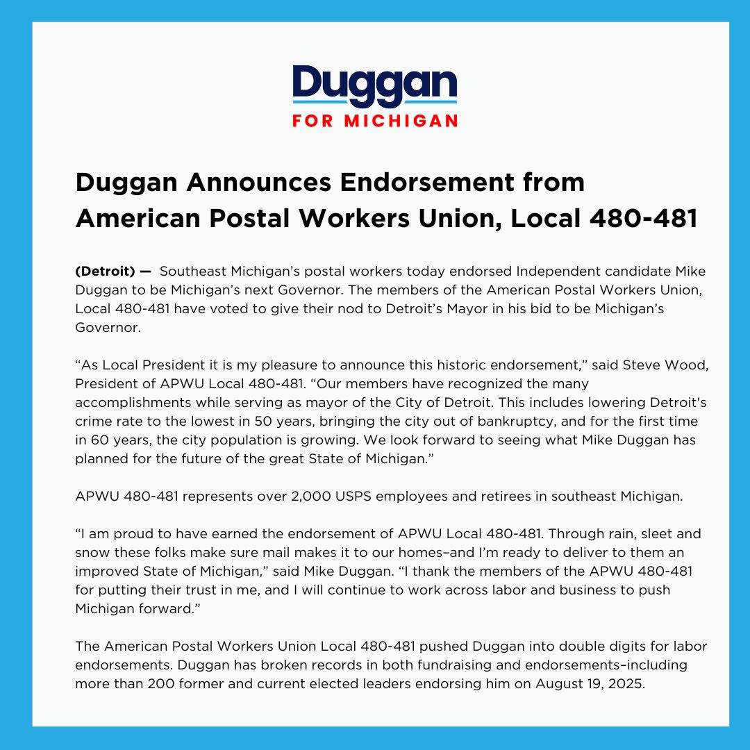 Yet another labor endorsement this week! This endorsement from APWU Local 480-481 marks the 11th labor endorsement for Mike!