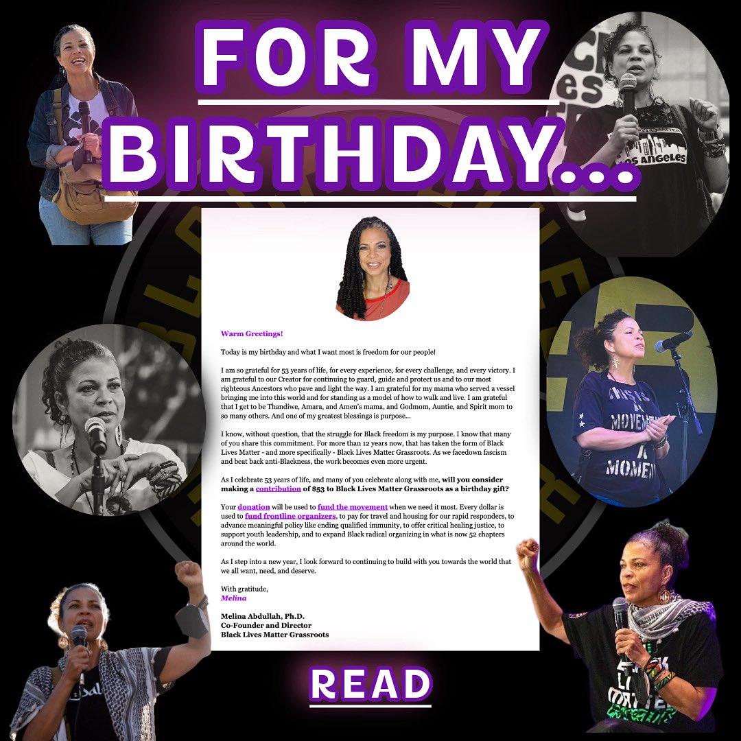 DocMellyMel's tweet photo. IT’S MY BIRTHDAY and what I want most is freedom for our people.
Asking all of my folks to gift $53 to @blmgrassroots.
Donate at https://t.co/NBBWLihpk4.
#LetsGetFree
#Birthday
💜💜💜 https://t.co/by8CJAPGu1